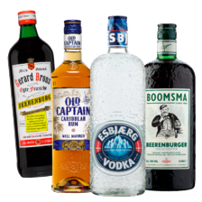 Boomsma beerenburger of jenever,
Brons beerenburg of jenever,
Esbjaerg vodka fles à 1 liter
of Old Captain rum fles à 70 cl